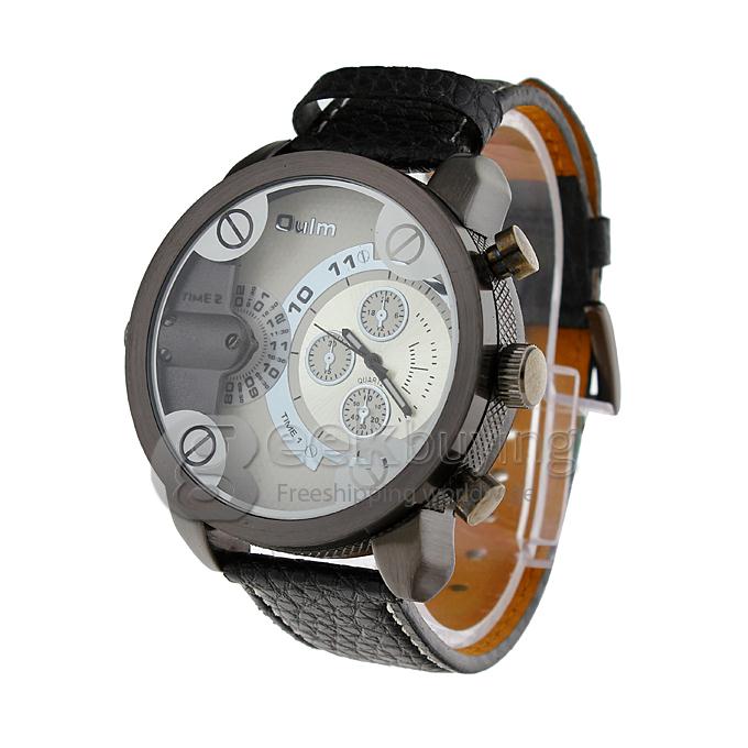 Oulm 3130 Multi-Function Dual Movt Quartz Wrist Watch with Leather Watchband for Male