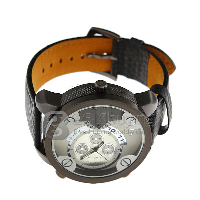 Oulm 3130 Multi-Function Dual Movt Quartz Wrist Watch with Leather Watchband for Male