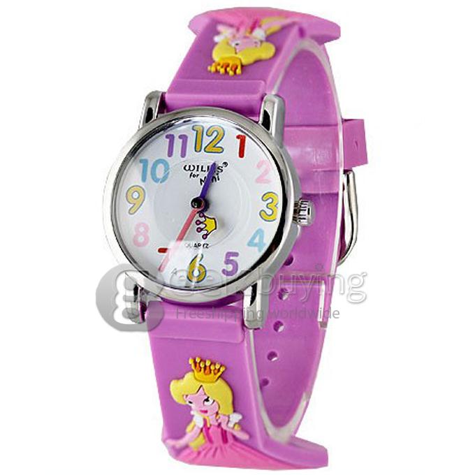 Children 3D Princess Design Style Wrist Watch with Stainless Steel Case Rubber Strap - Purple