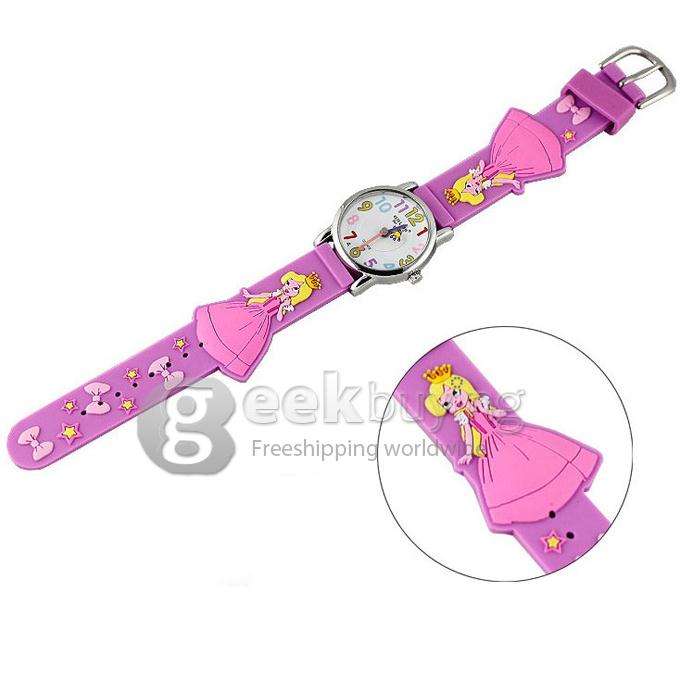 Children 3D Princess Design Style Wrist Watch with Stainless Steel Case Rubber Strap - Purple