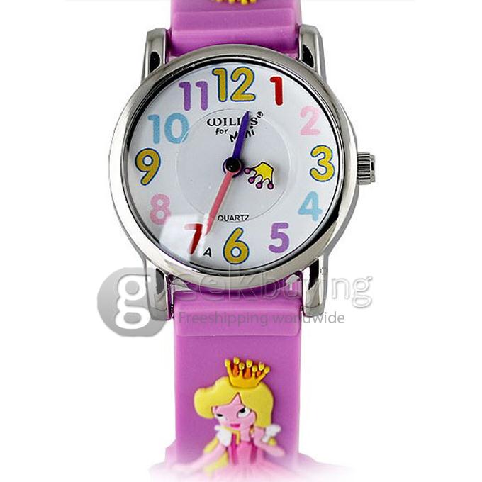 Children 3D Princess Design Style Wrist Watch with Stainless Steel Case Rubber Strap - Purple