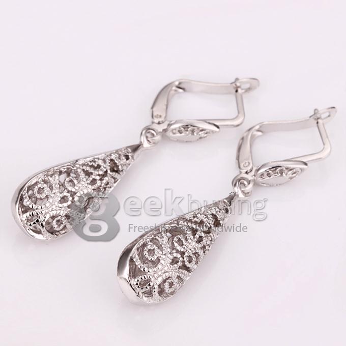 Fashion Hollow Pattern Water Droplets Tin Alloy Earrings - Silver