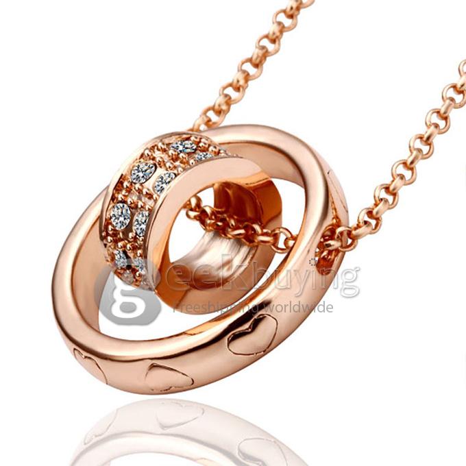 Fashion Round Shaped Diamond Ring Pendant Alloy Necklace - Rose Gold