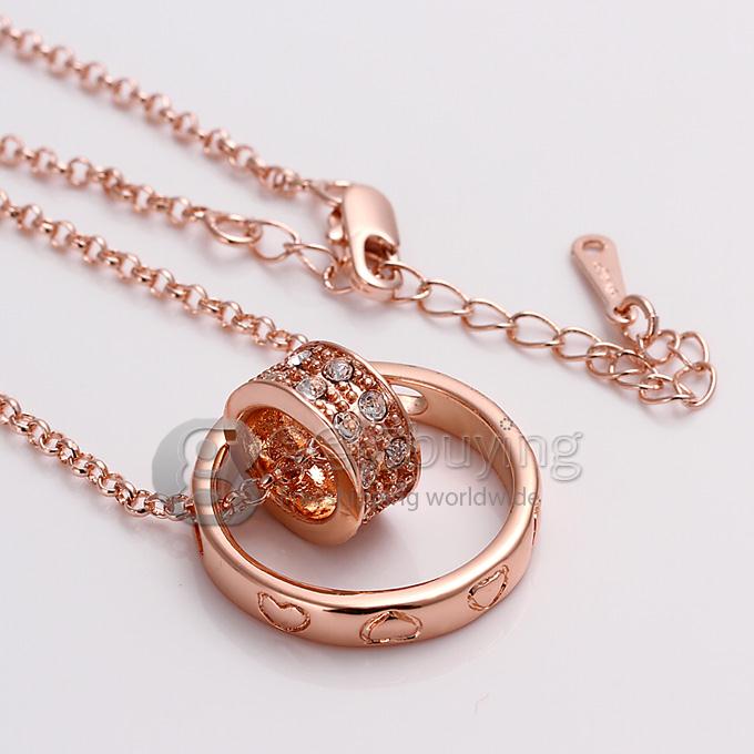 Fashion Round Shaped Diamond Ring Pendant Alloy Necklace - Rose Gold