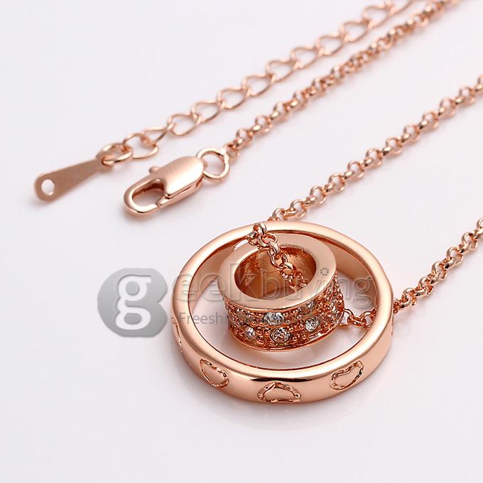 Fashion Round Shaped Diamond Ring Pendant Alloy Necklace - Rose Gold