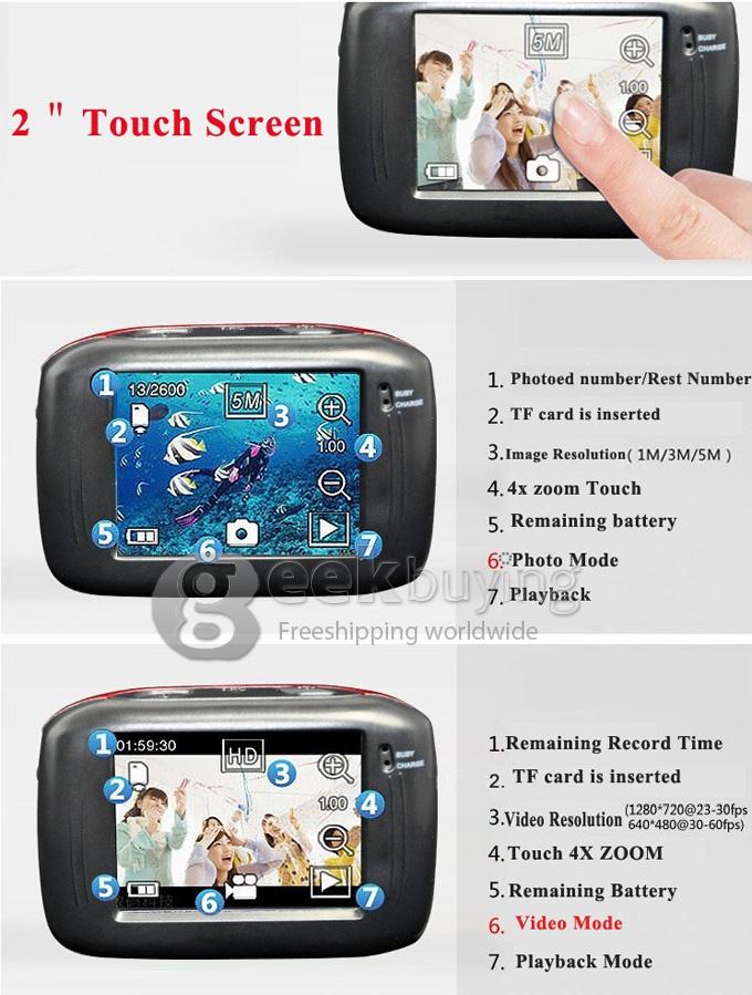 10M Waterproof HD 720P 1.3MP 4X Digital Zoom 2.0 Inch Touch Panel Diving Bicycle Motorcycle Action Camcorder DV for Sports Driving Ride Shooting - Red