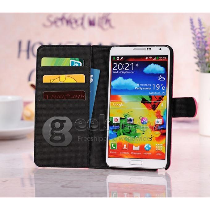 New Lichee Pattern Stand Wallet Leather Flip Case Cover for Samsung Galaxy Note 3 III N9000 W/Slot - Rose