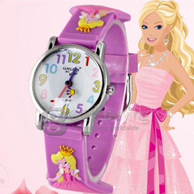 Children 3D Princess Design Style Wrist Watch with Stainless Steel Case Rubber Strap - Purple