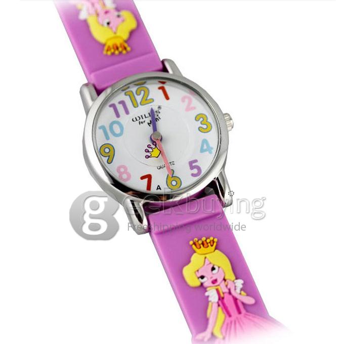 Children 3D Princess Design Style Wrist Watch with Stainless Steel Case Rubber Strap - Purple