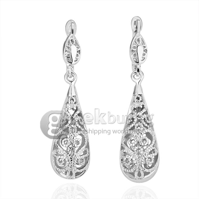 Fashion Hollow Pattern Water Droplets Tin Alloy Earrings - Silver