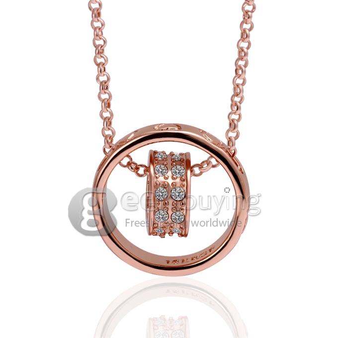 Fashion Round Shaped Diamond Ring Pendant Alloy Necklace - Rose Gold