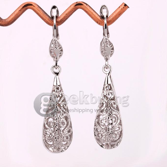Fashion Hollow Pattern Water Droplets Tin Alloy Earrings - Silver