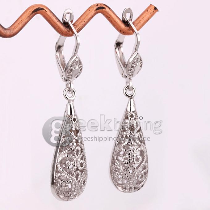 Fashion Hollow Pattern Water Droplets Tin Alloy Earrings - Silver