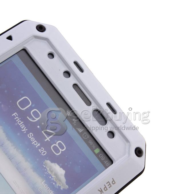 PEPK Extreme Aluminum Metal Shockproof Cover Case with Gorilla Glass for Samsung Galaxy S4 IV i9500 - White