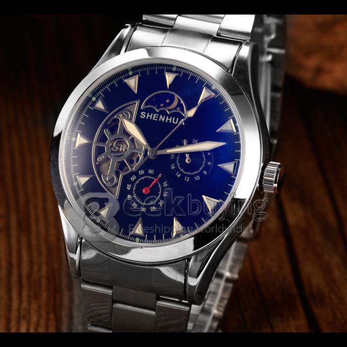Men's Sun and Moon Design Stainless Steel Analog Auto-Mechanical Wrist Watch - Black