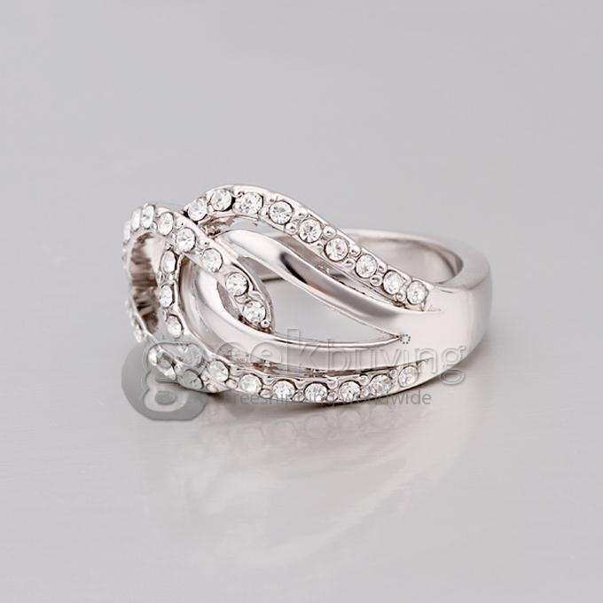 Silver 18KRGP Weaved Buckle Czech Diamond Alloy Ring - 8 Size