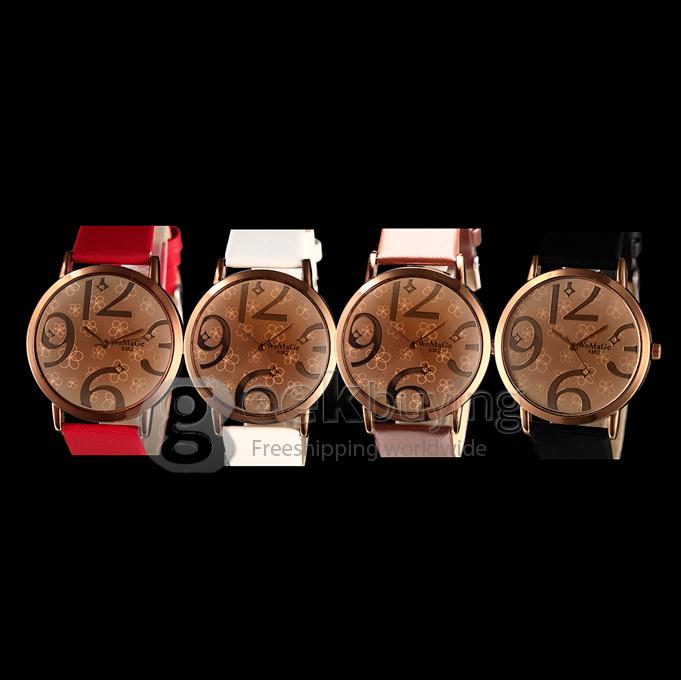 Unisex Big Numbers Dial PU Band Quartz Analog Wrist Watch - Brown