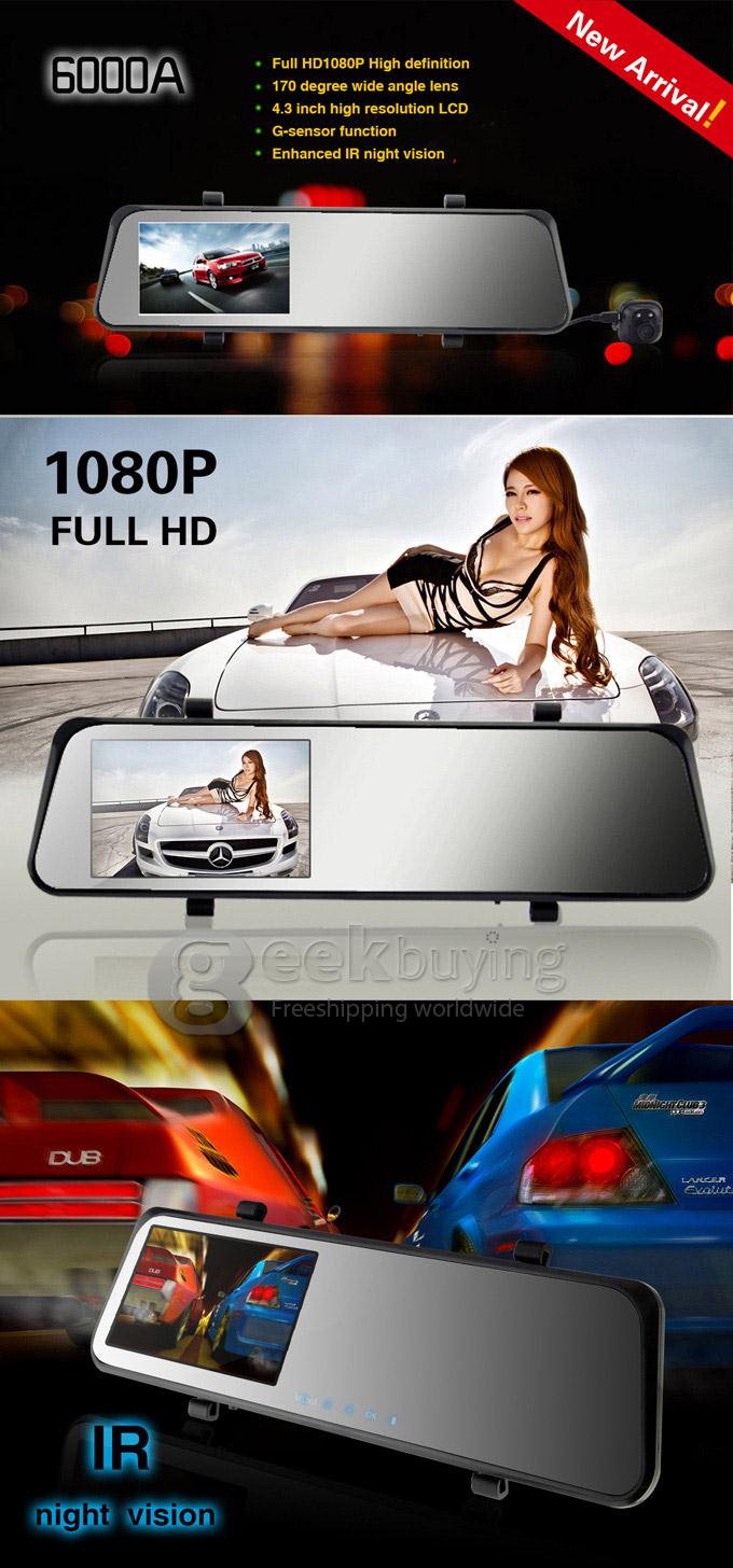 Rearview Mirror Car DVR Allwinner 6000A Dual Camera 1080P+720P 4.3 Inch 170 Degree Angle Lens with G-sensor and IR Night Vision Function