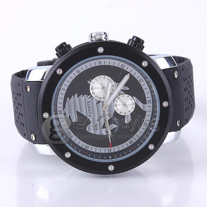 FUYATE 2139 Silicone Strap Mechanical Automatic Wrist Watch with 3 Mini Dial for Male - Black
