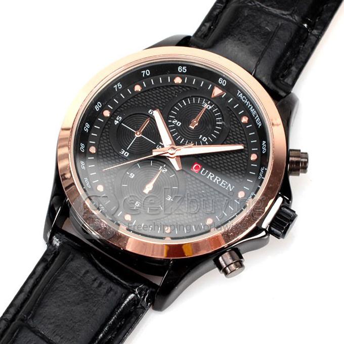 Curren 8138 High Quality Men's Watch 12 Mini Dots Hour Marks with Three Analog Dial Leather Watchband - Gold + Black