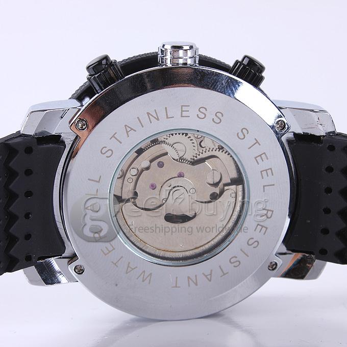 FUYATE 2139 Silicone Strap Mechanical Automatic Wrist Watch with 3 Mini Dial for Male - Black