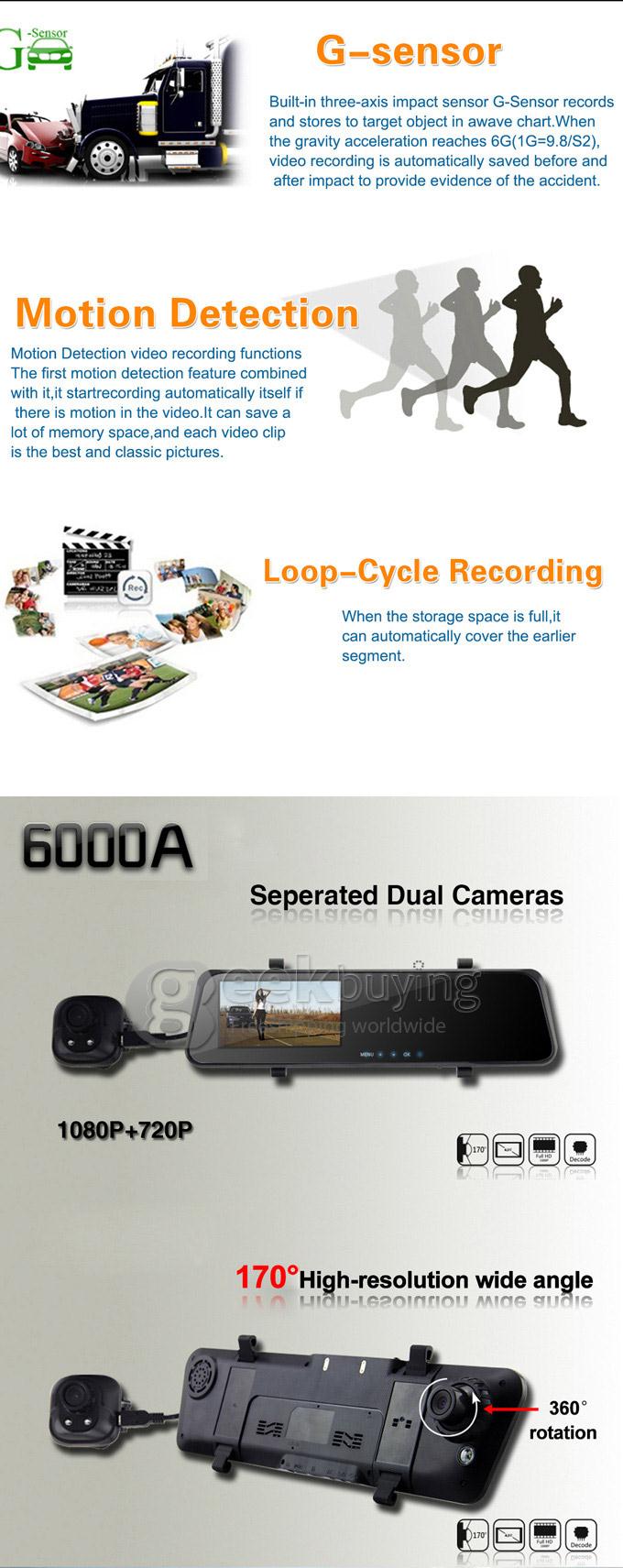 Rearview Mirror Car DVR Allwinner 6000A Dual Camera 1080P+720P 4.3 Inch 170 Degree Angle Lens with G-sensor and IR Night Vision Function