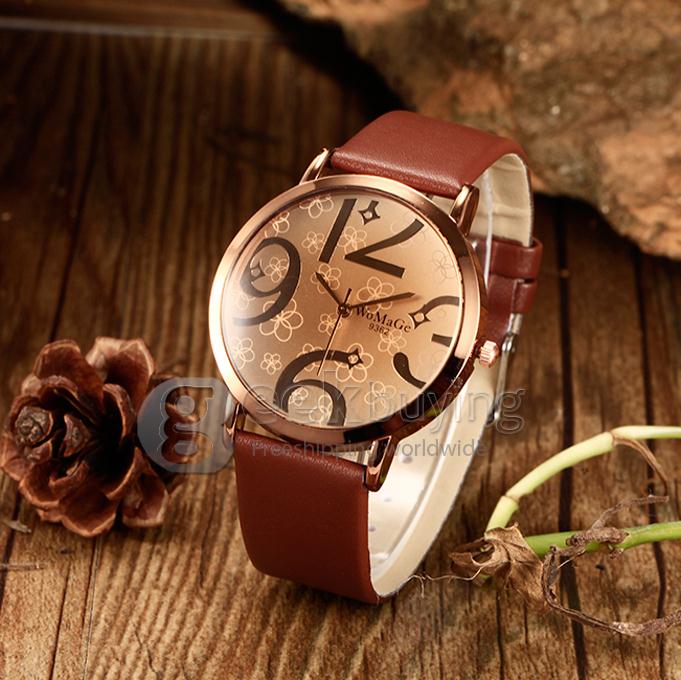 Unisex Big Numbers Dial PU Band Quartz Analog Wrist Watch - Brown