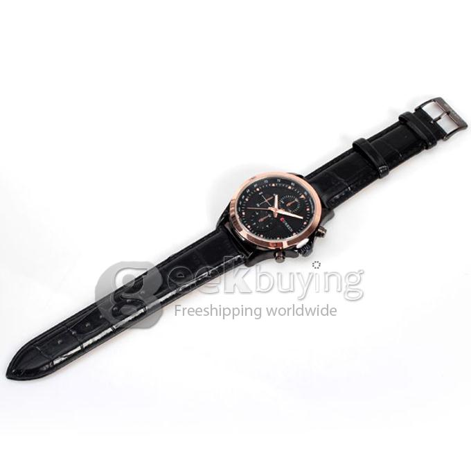 Curren 8138 High Quality Men's Watch 12 Mini Dots Hour Marks with Three Analog Dial Leather Watchband - Gold + Black