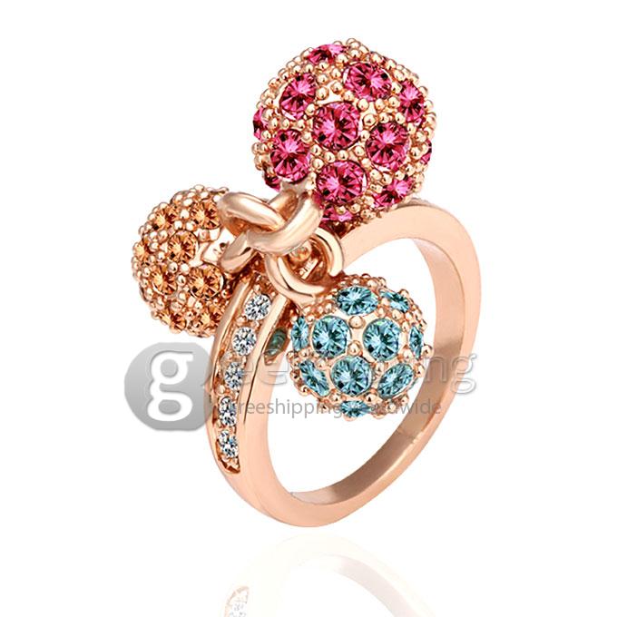 High Quality Rose Gold 18KRGP 3 Balls-shaped Rhinestones Czech Diamond Alloy Ring - 8 Size