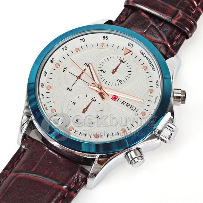 Curren 8138 High Quality Men's Watch 12 Mini Dots Hour Marks with Three Analog Dial Leather Watchband - Blue + White