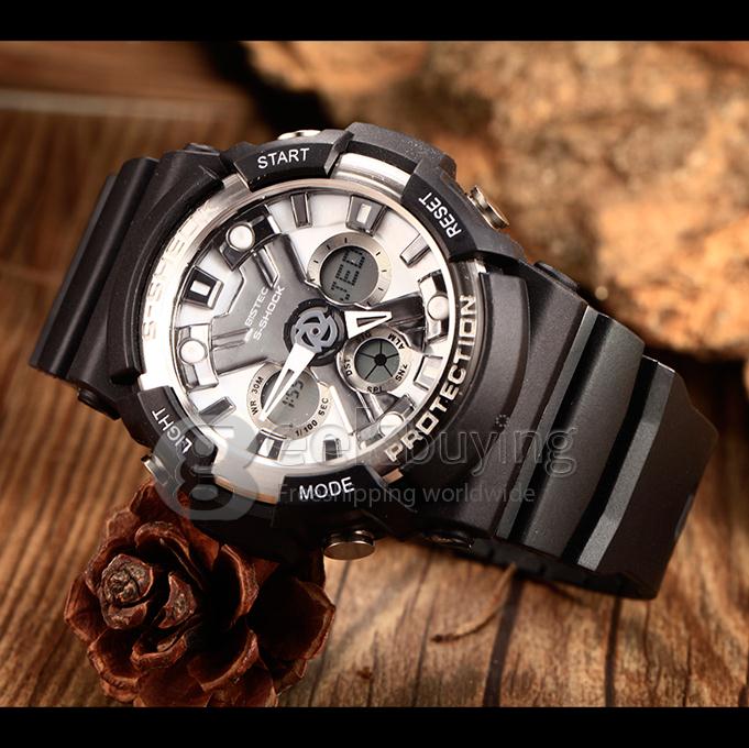Men's Digital-Analog Multi-Functional Silver Dial Rubber Band Wrist Watch - Black