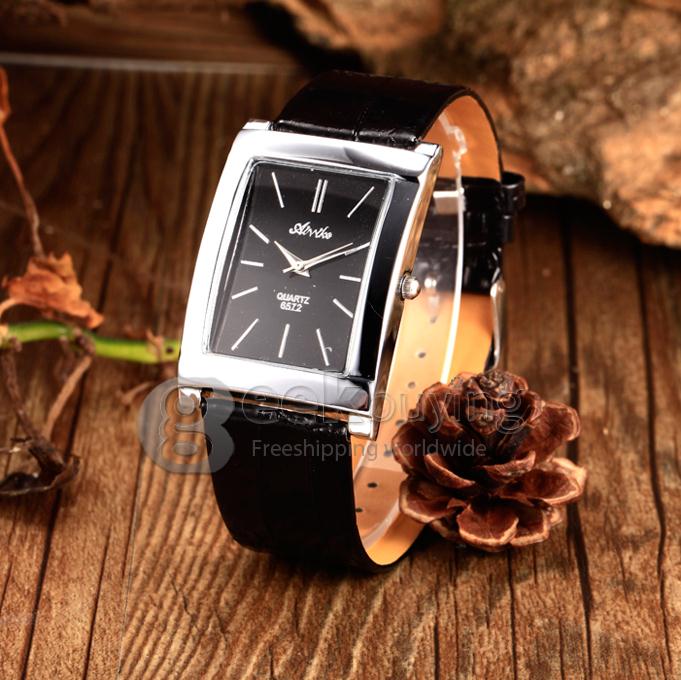 Unisex Square Dial PU Band Analog Quartz Wrist Watch - Black