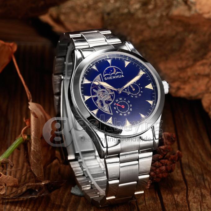 Men's Sun and Moon Design Stainless Steel Analog Auto-Mechanical Wrist Watch - Black