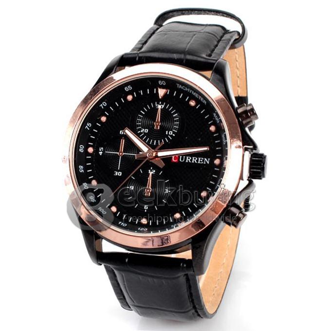 Curren 8138 High Quality Men's Watch 12 Mini Dots Hour Marks with Three Analog Dial Leather Watchband - Gold + Black