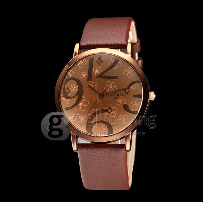 Unisex Big Numbers Dial PU Band Quartz Analog Wrist Watch - Brown