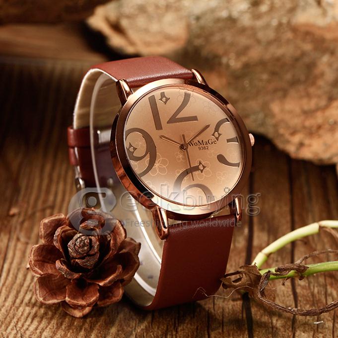 Unisex Big Numbers Dial PU Band Quartz Analog Wrist Watch - Brown