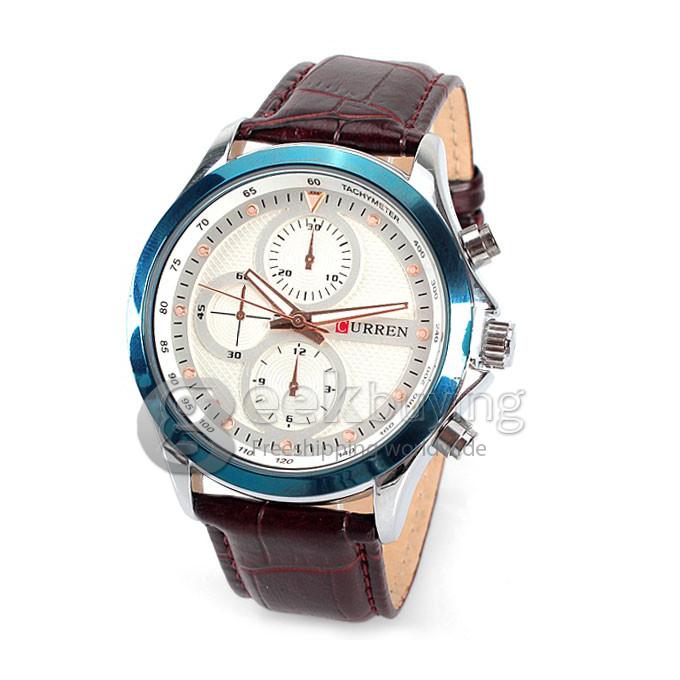 Curren 8138 High Quality Men's Watch 12 Mini Dots Hour Marks with Three Analog Dial Leather Watchband - Blue + White