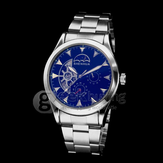 Men's Sun and Moon Design Stainless Steel Analog Auto-Mechanical Wrist Watch - Black
