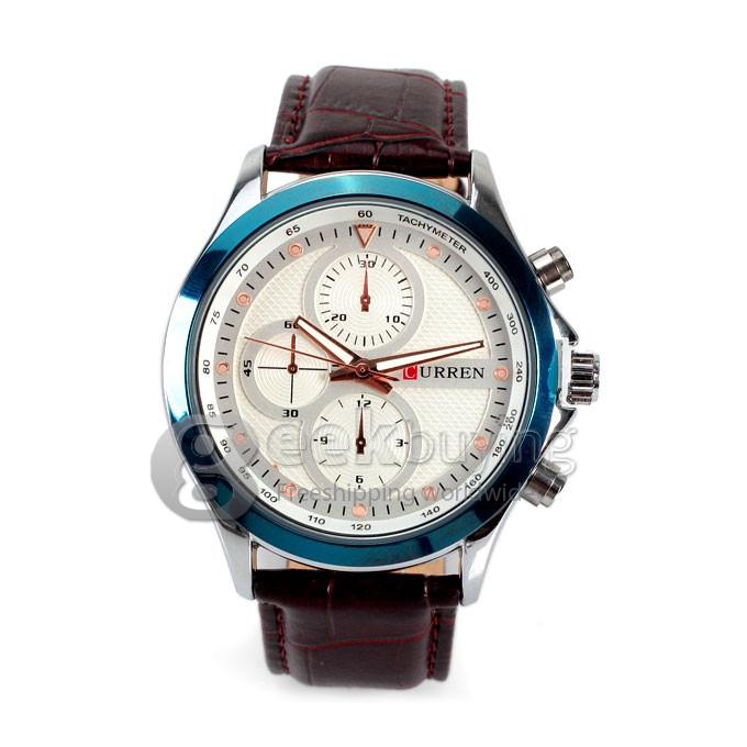 Curren 8138 High Quality Men's Watch 12 Mini Dots Hour Marks with Three Analog Dial Leather Watchband - Blue + White