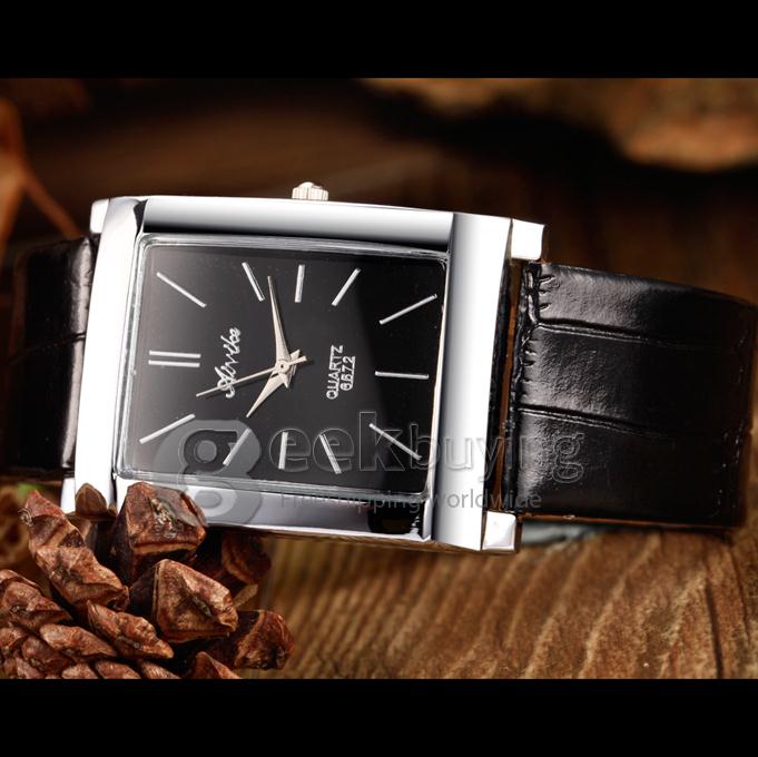 Unisex Square Dial PU Band Analog Quartz Wrist Watch - Black