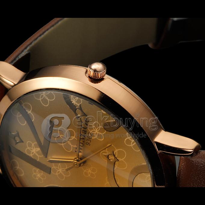 Unisex Big Numbers Dial PU Band Quartz Analog Wrist Watch - Brown