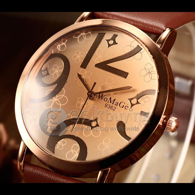 Unisex Big Numbers Dial PU Band Quartz Analog Wrist Watch - Brown
