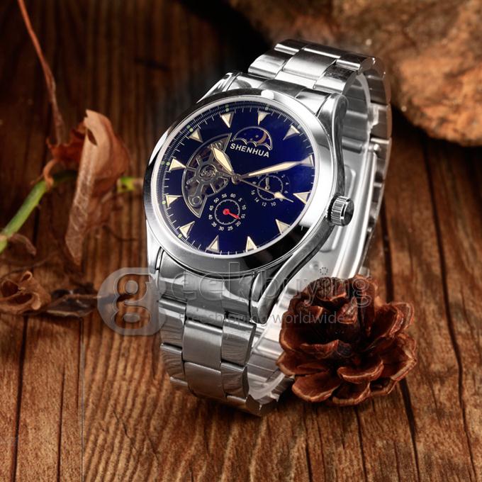 Men's Sun and Moon Design Stainless Steel Analog Auto-Mechanical Wrist Watch - Black
