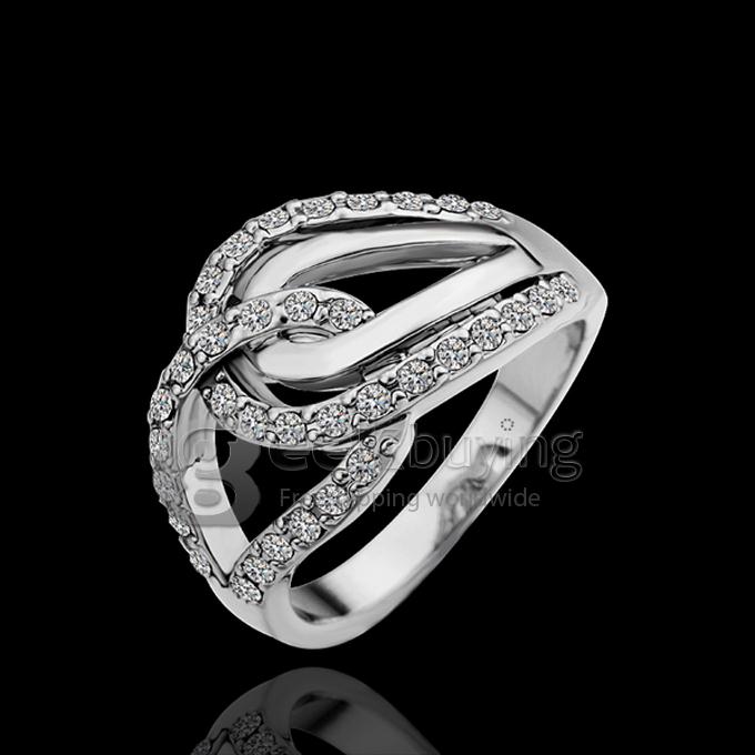 Silver 18KRGP Weaved Buckle Czech Diamond Alloy Ring - 8 Size