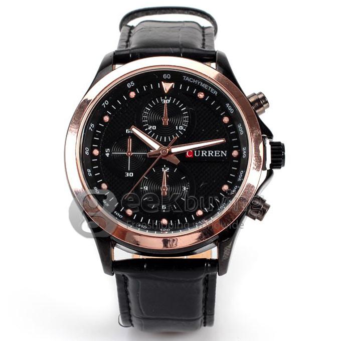 Curren 8138 High Quality Men's Watch 12 Mini Dots Hour Marks with Three Analog Dial Leather Watchband - Gold + Black