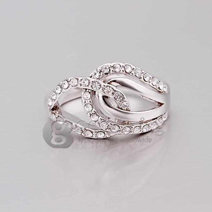 Silver 18KRGP Weaved Buckle Czech Diamond Alloy Ring - 8 Size