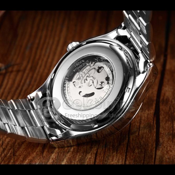 Men's Sun and Moon Design Stainless Steel Analog Auto-Mechanical Wrist Watch - Black