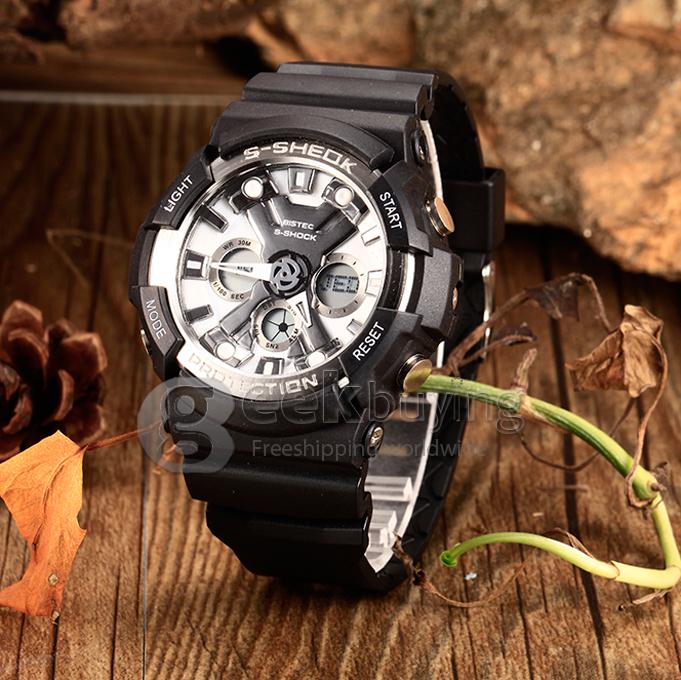 Men's Digital-Analog Multi-Functional Silver Dial Rubber Band Wrist Watch - Black