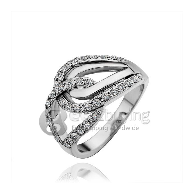 Silver 18KRGP Weaved Buckle Czech Diamond Alloy Ring - 8 Size