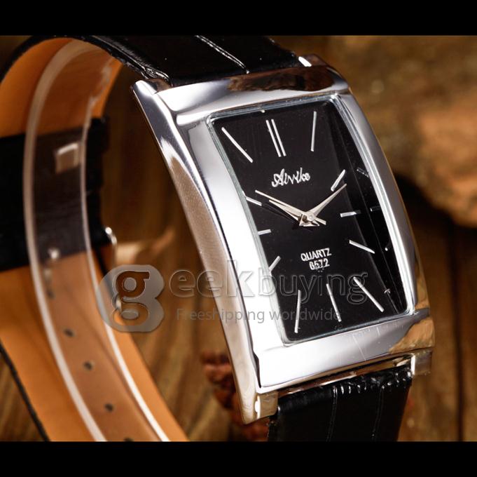 Unisex Square Dial PU Band Analog Quartz Wrist Watch - Black